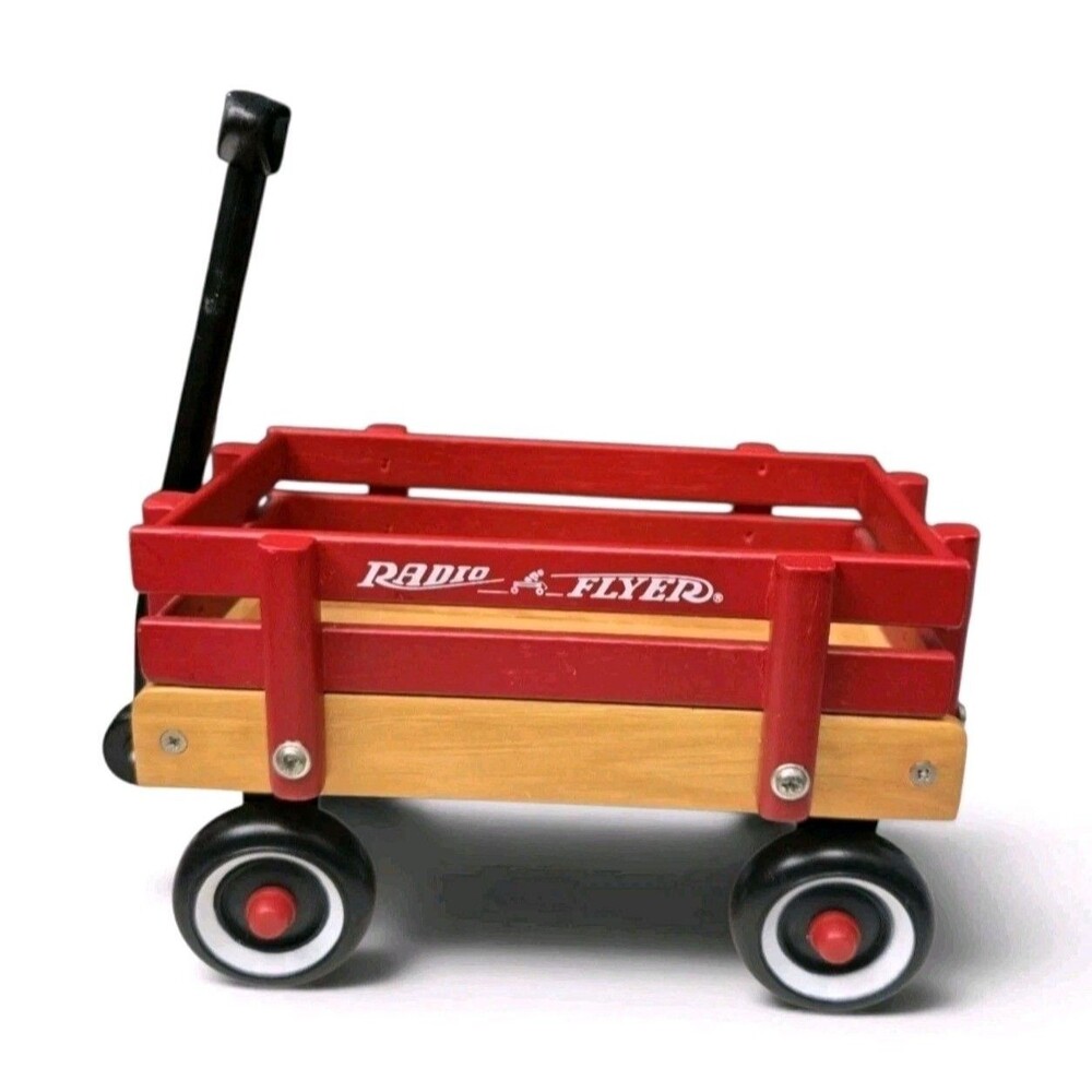 Vintage Radio Flyer Miniature Wooden Wagon Doll Size Red Slat Sides Hubcaps 7”